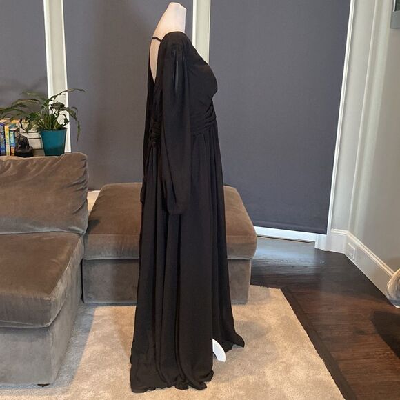 Women’s Black Full Length Chiffon V-Neck Corset Back Dress Leg Split Size 12 - Picture 7 of 14